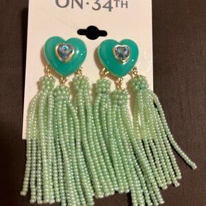 NWT ON 34th Heart Earrings with Aqua Tassels